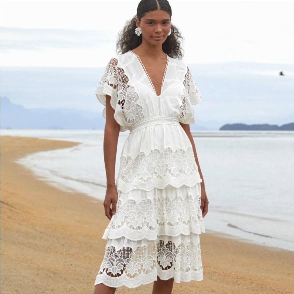 NEW FARM Rio Off-White Richelier Midi-Dress Size SMALL